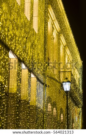 vertical perspective view of night city scene with classical building covered in yellow led decorative lights