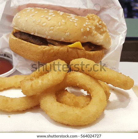 onion ring and hamburger
