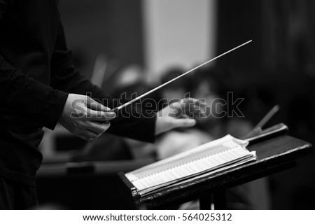 Hands of conductor closeup in black and white  Royalty-Free Stock Photo #564025312