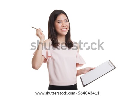 Young Asian business woman with pen and clipboard  isolated on white background.