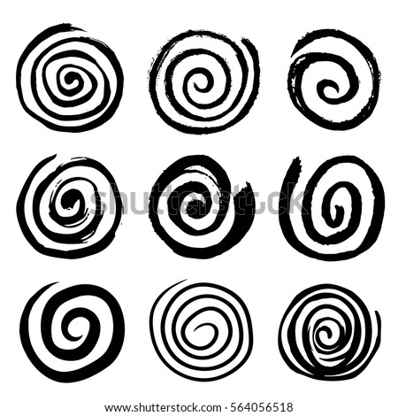 Set of swirling circles. Swirling grungy elements. Black spiral circles of ink. Hypnotic spiral movement