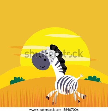 Africa animals: Cute cartoon africa zebra in the wild savanna. Vector Illustration of zebra in the nature. Beautiful yellow sunset behind the animal.