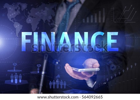 Businessman Use Smartphone And Selecting Finance, Touch Screen. Virtual Icon. Graphs Interface. Business concept. Internet concept. Digital Interfaces