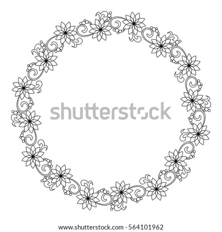 Elegant round frame with contours of flowers. Copy space. Vector clip art.