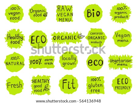 Set  of  100% organic, natural, bio,farm,  raw, eco, healthy food labels.  Badges for  vegan  cafe, restaurant  menu, products packaging. Hand drawn vector logo templates.