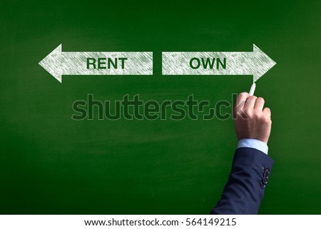 Blackboard showing directions to the rent and own