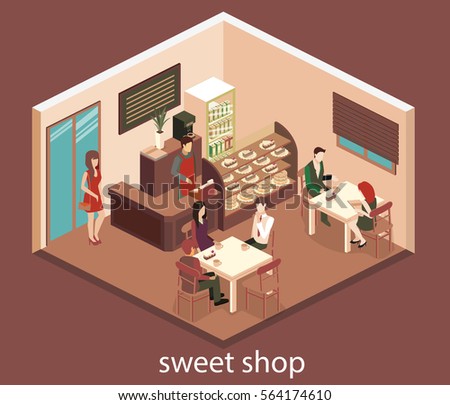 Isometric interior of sweet-shop. People sit at the table and eating. Flat 3D illustration
