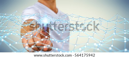 Businessman on blurred background touching flying network dot 3D rendering
