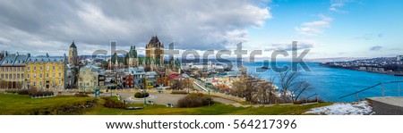 Panoramic view of Quebec City skyline with Chateau Frontenac and Saint Lawrence river - Quebec City, Quebec, Canada Royalty-Free Stock Photo #564217396
