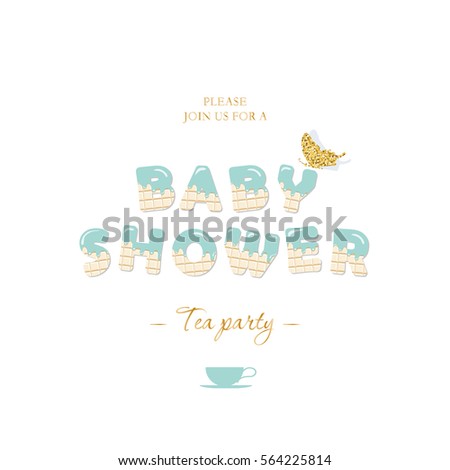 Baby shower boy invitation card template. Chocolate letters with melted cream. Pastel blue and gold glitter trendy design.