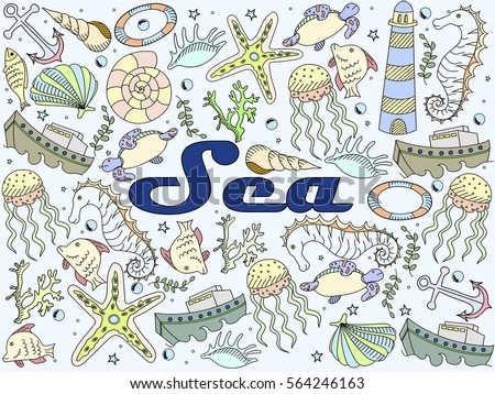 Sea book line art design vector illustration. Separate objects. Hand drawn doodle design elements.