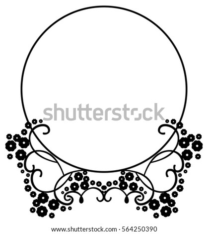 Round black and white frame with abstract decorative flowers. Copy space. Vector clip art.