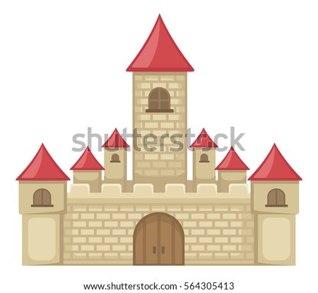 Old medieval castle with high tower, vector illustration.