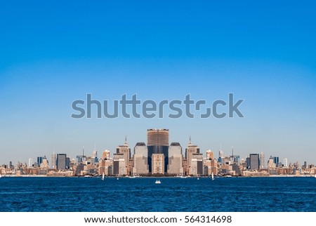 Architecture of famous skyscraper buildings in New York City. NYC metropolitan city of USA, panorama with Skyline over Hudson River for travel concept business, postcards. Image with symmetry filter 