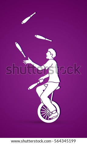 A man juggling pins while cycling graphic vector.