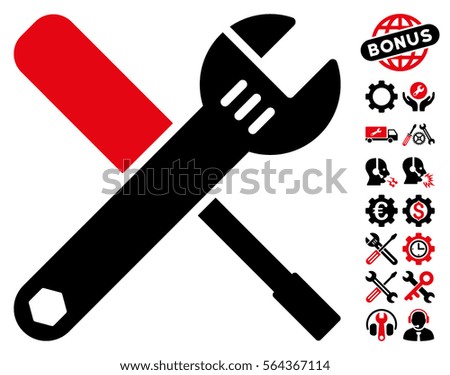 Tools icon with bonus settings clip art. Vector illustration style is flat iconic intensive red and black symbols on white background.