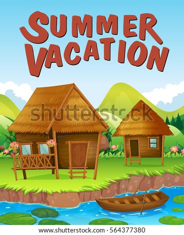 Summer vacation theme with houses by the river illustration