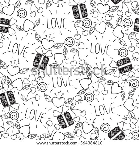 seamless Valentine's day pattern in doodle style. vector background with hearts,leaves,cherry,gifts,love. design for coloring book,wrapping paper.