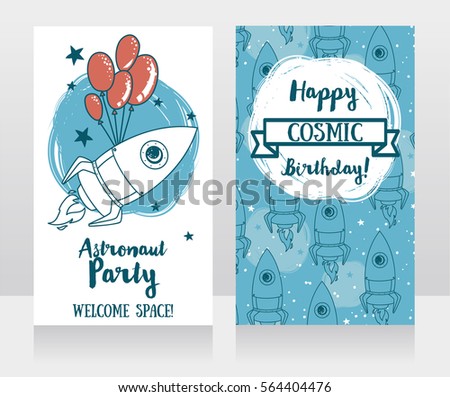 Cute  rocket with balloons on starry background, funny invitation cards for cosmic birthday party, vector illustration