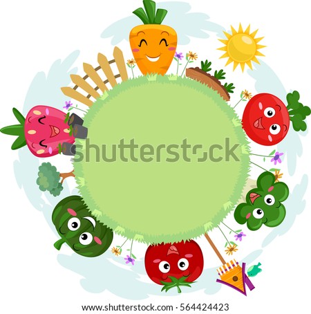 Colorful Illustration Featuring a Circular Patch of Grass Surrounded by Smiling Fruit and Vegetable Mascots