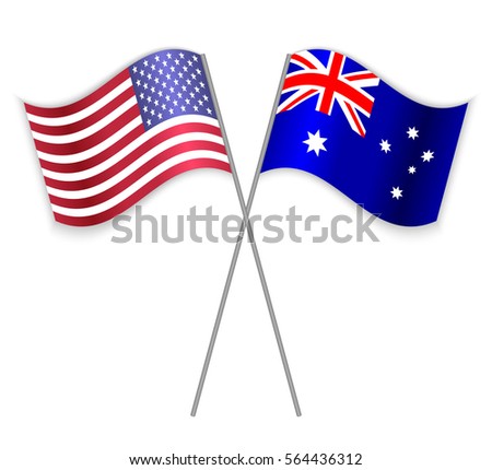 American and Australian crossed flags. United States of America combined with Australia isolated on white. Language learning, international business or travel concept.