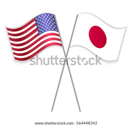American and Japanese crossed flags. United States of America combined with Japan isolated on white. Language learning, international business or travel concept.