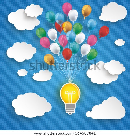 Paper clouds and hanging bulb with colored balloons on the blue background. Eps 10 vector file.