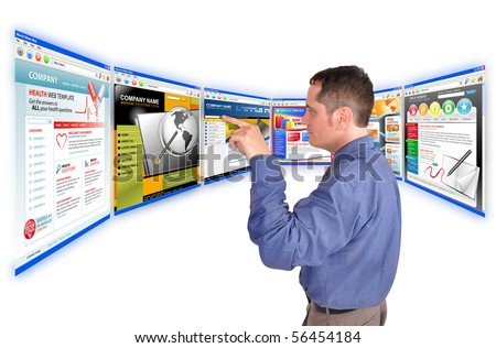 A business man is searching and pointing at an internet website and there are many web choices. He is on a white background. Use it for a communication, commerce or a research concept. Royalty-Free Stock Photo #56454184