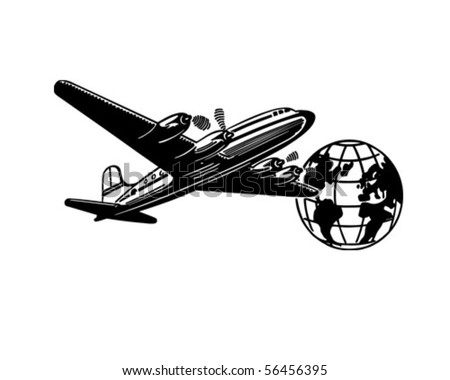 Airplane And Globe - Retro Clip Art