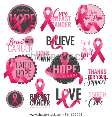 Set of breast cancer awareness badges with pink ribbons. Breast cancer month. October is a month of breast cancer awareness in the world. Pink ribbon. Vector illustration
