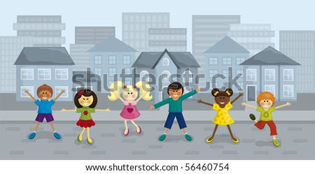 Vector illustration of happy multi-ethnic kids with urban background.