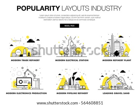 Popularity modern layouts global industry in new flat line style with gas station electrical, computers technology and loading systems development. infographics strategy program. Pictogram for design. Royalty-Free Stock Photo #564608851