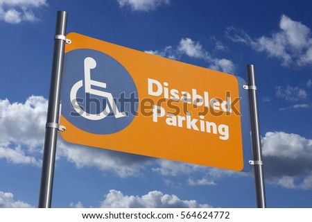 DISABLED PARKING SIGN WITH WHEEL CHAIR ICON AND BLUE SUMMER SKY