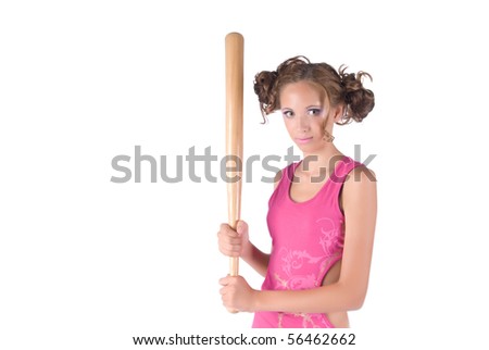 The girl with a baseball bat, focusing on eyes