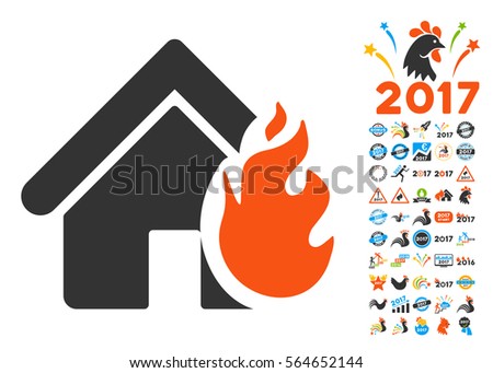 Realty Fire Damage pictograph with bonus 2017 new year images. Vector illustration style is flat iconic symbols,modern colors.