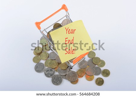 Shopping Trolley and Coins with financial text concept.