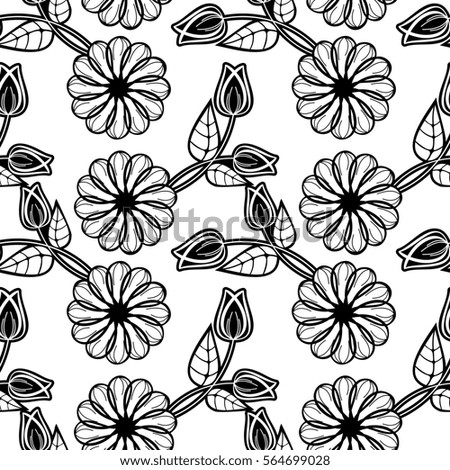 Black and white seamless floral pattern. Abstract beautiful  flowers silhouettes. Raster clip art.