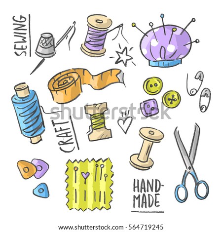 Set illustration with craft, needlework, thread, scissors, needles, pins, buttons