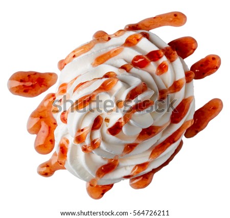 Whipped cream and strawberry sauce isolated on white background. From top view