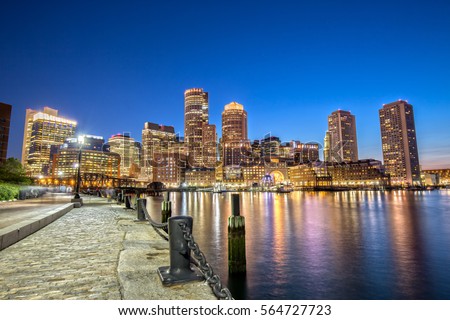 Boston Skyline from Downtown Harborwalk at Night