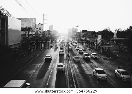 Traffic in sunset,black and white photograph