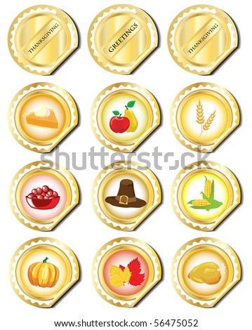 Gold stickers with Thanksgiving icons. EPS 10 vector.
