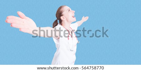 Excited caucasian medic in uniform with arms open as happiness or satisfaction concept with text area