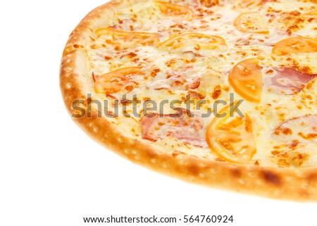 Fragment of delicious classic italian Pizza with ham, tomatoes and cheese isolated on white background