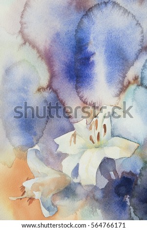 Watercolor white lily flowers on color background. Hand drawn illustration. Summer emotions