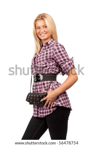 Fashionable young blonde lady with purse, isolated on white background