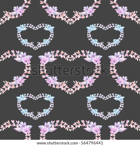 Seamless pattern with watercolor hearts of pink and purple flowers, hand drawn on a dark background