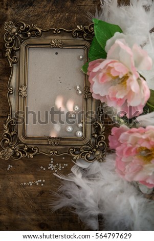  baroque photo frame on wood with white roses and pearls decoration