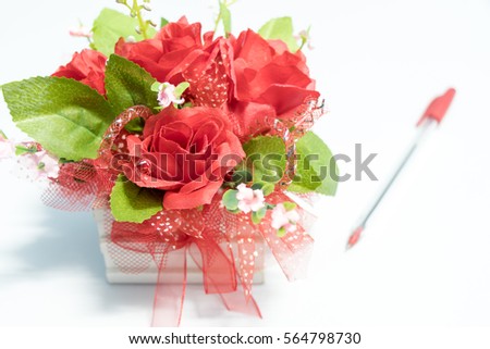 plastic flowers with blur pen on white background