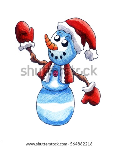 Handmade illustration of a happy snowman